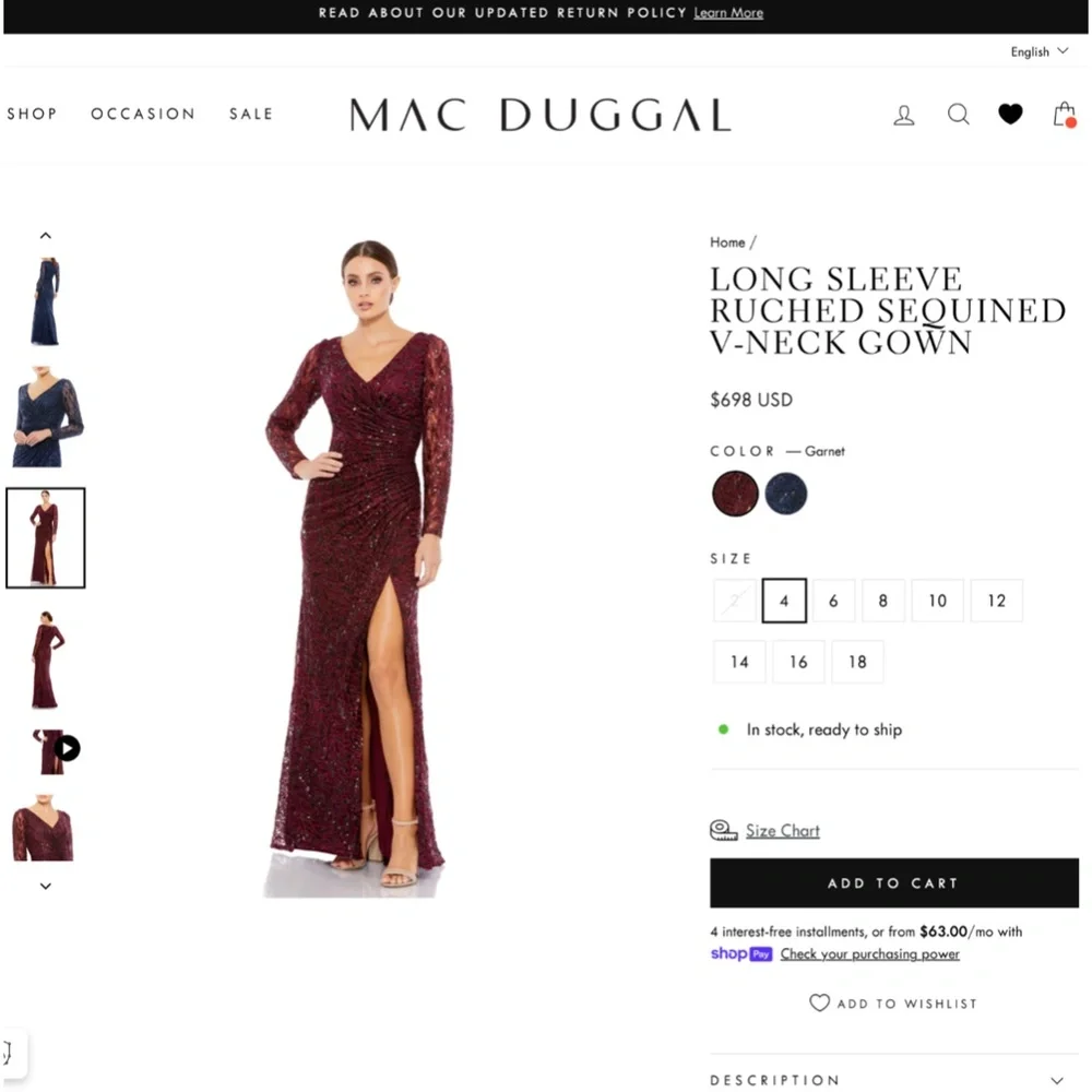 NWT $698 Mac Duggal‎ [ 16 ] Long Sleeve Ruched Sequined V Neck Gown Garnet Red